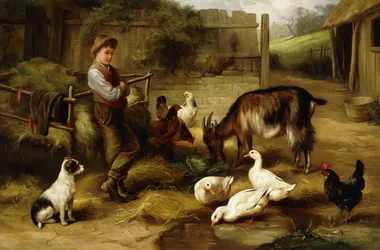 Un garçon avec de la volaille et une chèvre dans une cour de ferme, 1903