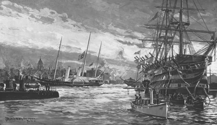 Les funérailles de la reine Victoria... Yacht royal Alberta entrant dans le port de Portsmouth... 1901