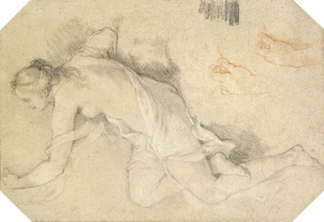 Une jeune femme nue assise de profil vers la gauche, levant le bras gauche, et deux études subsidiaires de sa main gauche