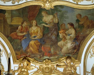 Psyché montre ses trésors à ses sœurs. Peinture de plafond de Charles-Joseph Natoire