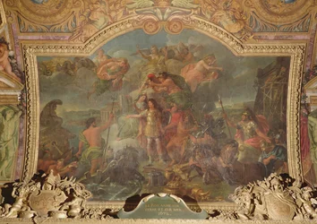 Le roi Louis XIV (1638-1715) prenant les armes sur terre et sur mer en 1672, peinture au plafond de la Galerie des Glaces