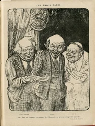 Illustration de Charles Léandre (1862-1934) dans Le Rire, 03/06/22 - Les Trois Papes - Angleterre Grande-Bretagne, U.R.S.S., Vérifier dates, Reichstag - Lénine, Lloyd George, Pie XI