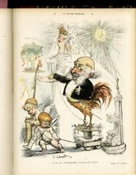 Illustration de Charles Léandre (1862-1934) dans Le Rire, 22/10/04 - Un grand mariage - Mariage - Coq, Meyer Arthur - Animalisation