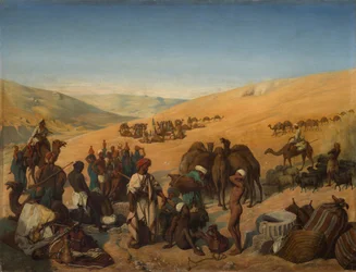 Halte des caravanes aux puits de Saba Beersheba dans le désert au sud de Hébron, 1850