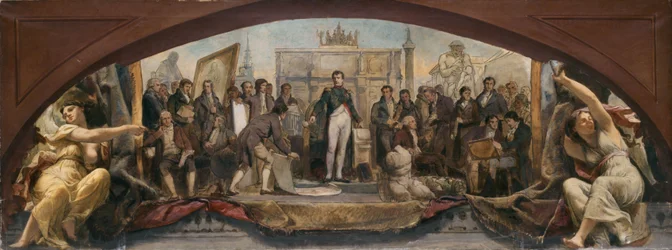 Esquisse pour le Pavillon Denon au Louvre : Les quatre âges artistiques de la France - Présentation des plans à Napoléon, ca. 1864