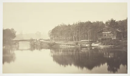 Sans titre, vers 1850. [Pont et chalet dans le Bois de Boulogne, un parc à Paris]