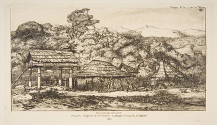 Granges et huttes indigènes à Akaroa, péninsule de Banks, 1845, extrait de « Voyage en Nouvelle-Zélande (1842-46) »