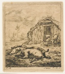 Trois cochons allongés devant un abri