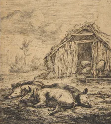 Trois cochons couchés devant une cabane, 1850
