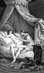 Illustration pour « Les Liaisons dangereuses » de Choderlos de Laclos. Gravure de Charles Monnet (1732-1808) : Valmont écrivant une lettre sur le dos d