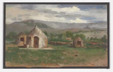 Esquisse de paysage avec des cabanes rudimentaires, en Provence