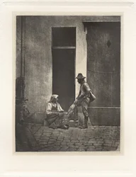 Planche IV - Pifferaro Debout et Paysanne Italienne Assise, dans la Cour du 21 Quai Bourbon,1854, imprimé en 1982 (photo)
