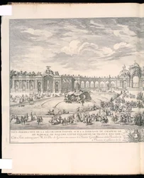 Estampe reliée, Vue perspective de la décoration élevée sur la terrasse du château de Versailles pour l
