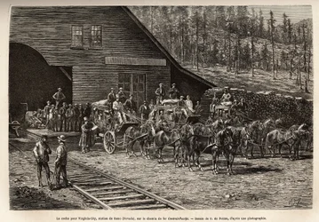 La gare de Reno, pour prendre le billet pour Virginia City (Nevada), sur le Central Pacific Railway, gravé d