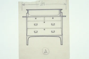 Dessin au trait de mobilier (un banc avec panneaux peints), c.1910
