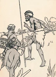 Hommes aborigènes approchant une ferme de colons, 1912