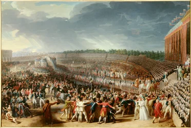 Révolution française : « La Fête de la Fédération du 14 juillet 1790 au Champ-de-Mars » - Peinture de Charles Thévenin (1764-1838), 1790, Soleil, 1,27x1,83 m, Paris, Musée Carnavalet