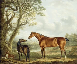 Chasseurs et un épagneul dans un paysage vaste, 1827