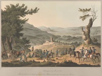 N° 5  Sabugal, sur la rivière Coa. Des sentinelles françaises au premier plan ; les Alliés se préparent à traverser la rivière.
