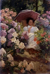 Girl with a Parasol. Jeune fille avec une ombrelle dans un jardin en fleurs. Peinture de Charles Wellington Furse (1868-1904 English) Collection privee