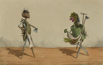 Outils animés, Planche 2, dédiée aux charpentiers et jardiniers de Grande-Bretagne, vers 1811 (eau-forte coloriée à la main)