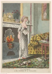 Femme se réchauffant au foyer, un livre à la main. Le luxe ou les conforts d’un Rumpford
