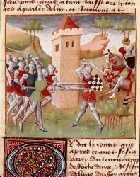 Lancelot du Lac combattant des chevaliers Miniature tirée de « Roman du Chevalier Tristan » par Maître Charles de Maine (version Beroul). 1440-1460. Chantilly, Musée Condé