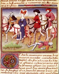 La reine Iseut à cheval accompagnée de cavaliers, miniature tirée du 