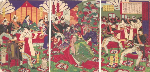 Les chefs de la pacification des rebelles de Kagoshima fêtant la victoire avec des coupes ..., 20 septembre 1877.