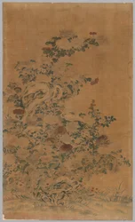 Panneau Kesi : Rochers et chrysanthèmes