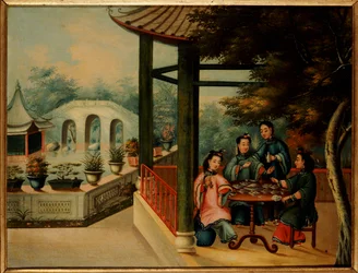 Scène de jardin chinois avec des dames prenant le thé, milieu du 19ème siècle