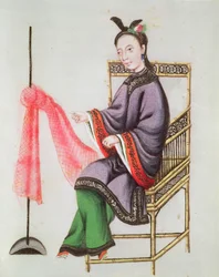 Une femme chinoise fabriquant un filet de pêche, période Qianlong (1736-96)