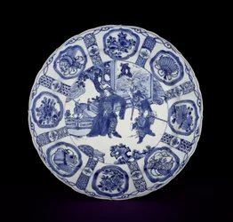 Plat kraak bleu et blanc peint avec des guerriers, Wanli, 1590-1610 (porcelaine)