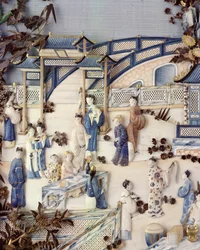 Détail de panneau représentant des figures sur une terrasse, période Qianlong, 1736-95