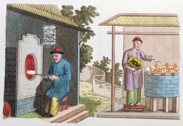 Cuisson de la porcelaine en Chine à la fin du 18e siècle, de La Chine en Miniature, par J.B. Breton, Paris, édité par Nepveu, 1811
