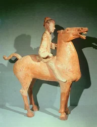 Cavalier, de Xianyang, Shaanxi, Dynastie Han occidentale (terre cuite peinte)