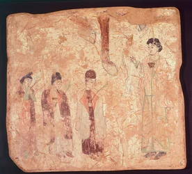 Sujet nestorien, peut-être le dimanche des Rameaux, peinture murale du temple de Cristano Qoco, Xinjiang, Chine, civilisation chinoise, dynastie Tang, fin du IXe siècle