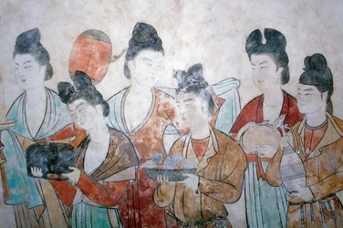 Offrande de cadeaux, peinture murale de la tombe de Wu Tse Tien, tombes de Chien, dynastie Tang, Chine, Shan Xi, 8ème siècle