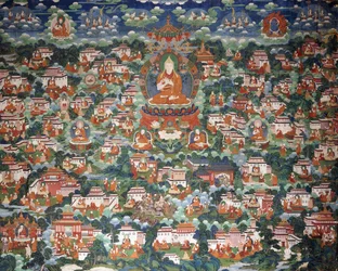 Tsong-Kha-Pa, assis sur un lotus, entouré de divers disciples