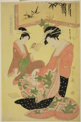 Beautés parodiant les Sept Sages - Une sélection de jeunes courtisanes (Shichi kenjin yatsushi bijin shinzo zoroe): Tokiuta du Chojiya