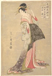 Takigawa de la maison close Ōgiya: le premier rendez-vous dans la salle de réception du Nouvel An (Hatsu-uri zashiki no zu: Ōgiya Takigawa), de la série Comparaison de beautés choisies des quartiers de plaisir (Seirō bisen awase)