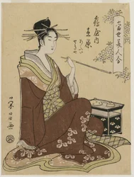 La courtisane Ariwara de la Tsuruya assise près d