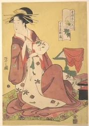 La courtisane Hinazuru de la maison close Chōjiya (Chōjiya Hinazuru), de la série Beautés des quartiers de plaisir sous les traits des six immortels des fleurs (Seirō bijin rokkasen)