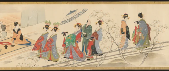 Trois dieux de la bonne fortune visitent Yoshiwara; ou « Scènes de plaisir au sommet du printemps »