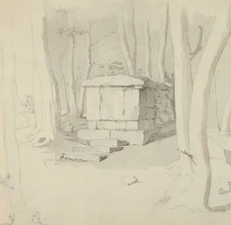 Tombe en pierre dans une forêt, verso : Étude d