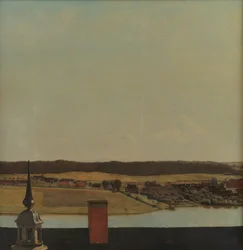 Crête de toit du château de Frederiksborg avec vue sur le lac, la ville et la forêt
