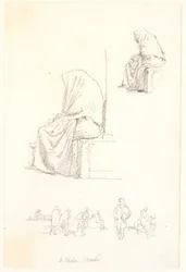 Skitseblad avec études de vieille femme assise et figures priantes