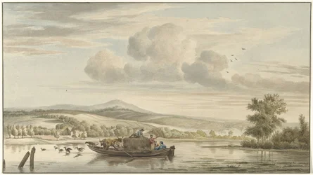 Vue de rivière avec une péniche de foin