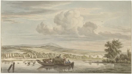 Vue de rivière avec un bateau de foin