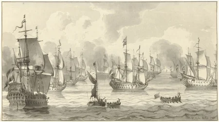 Vue de mer avec flotte de guerre